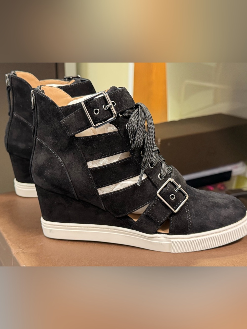 Black Suede Sneaker Wedge Lace-Up with Buckle Detail *BRAND NEW*